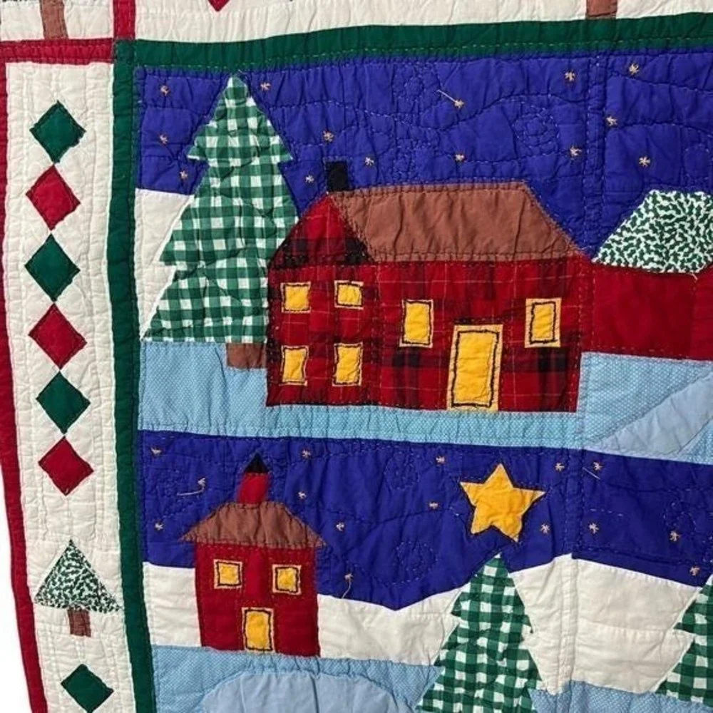 Folk Art Winter Village Appliqué Quilt Handmade Cottagecore 50x57‎